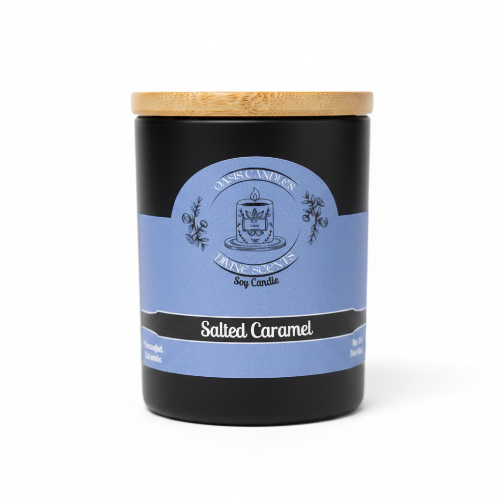 Salted Caramel 7oz Soy Candle by Oasis Candles on white background